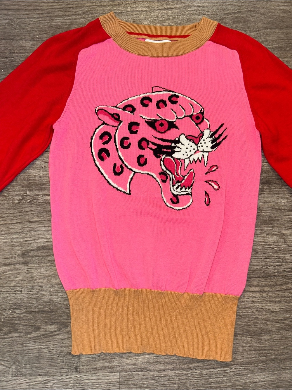 OXKNIT Pink Leopard Tiger Graphic Knit Sweater Colorblock Retro Small